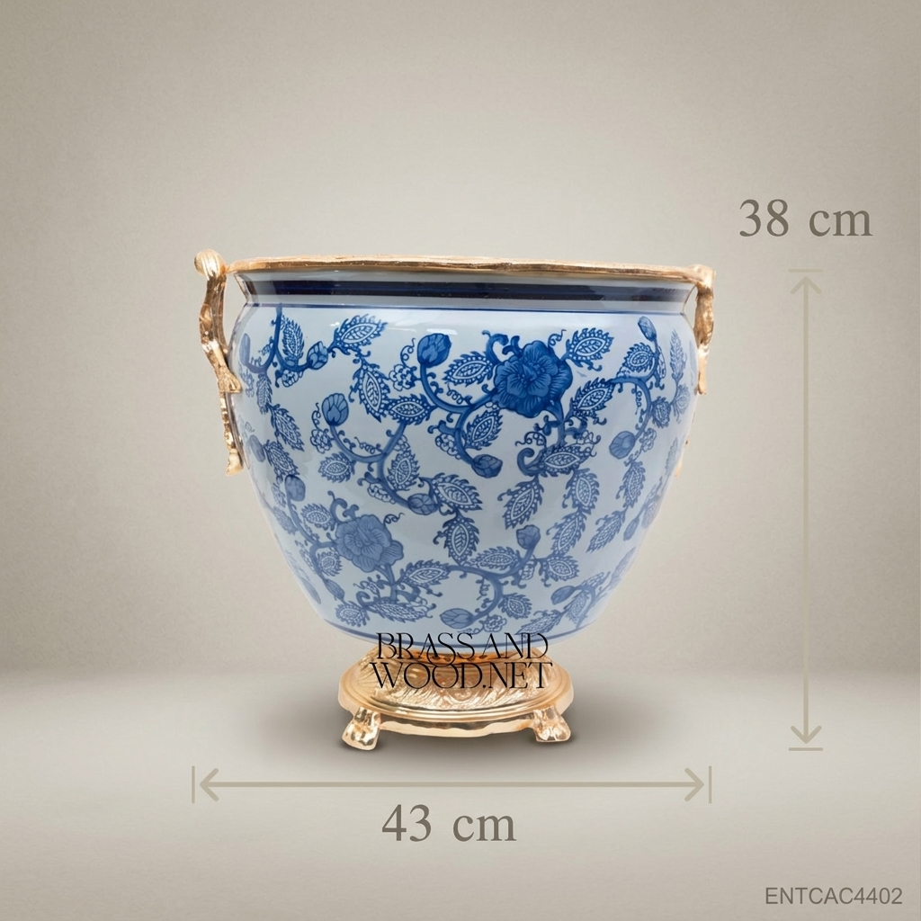 Chinoiserie Blue & White Porcelain Cachepot with Antique Gold Brass Mounts