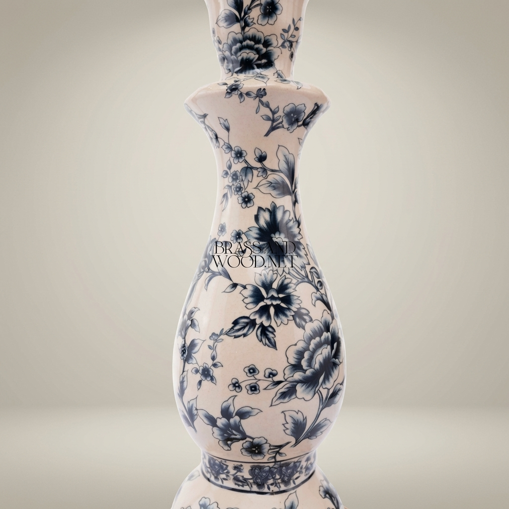 Chinoiserie Blue & White Porcelain Candle Holder with Ornate Brass Crown & Scrolled Base — Antique Gold