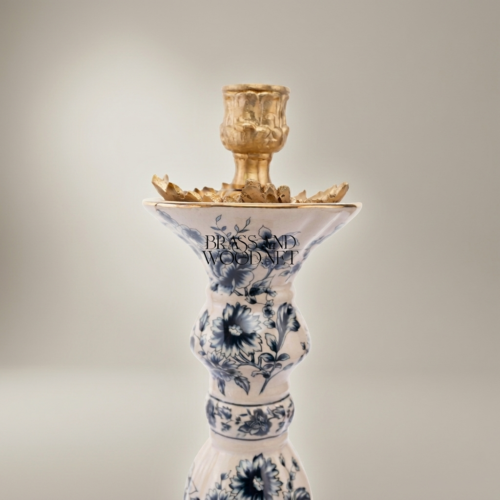 Chinoiserie Blue & White Porcelain Candle Holder with Ornate Brass Crown & Scrolled Base — Antique Gold