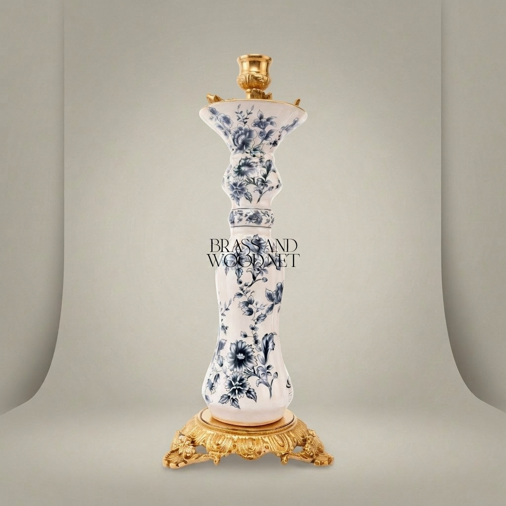 Chinoiserie Blue & White Porcelain Candle Holder with Ornate Brass Crown & Scrolled Base