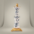 Chinoiserie Blue & White Porcelain Candle Holder with Ornate Brass Crown & Scrolled Base — Gold