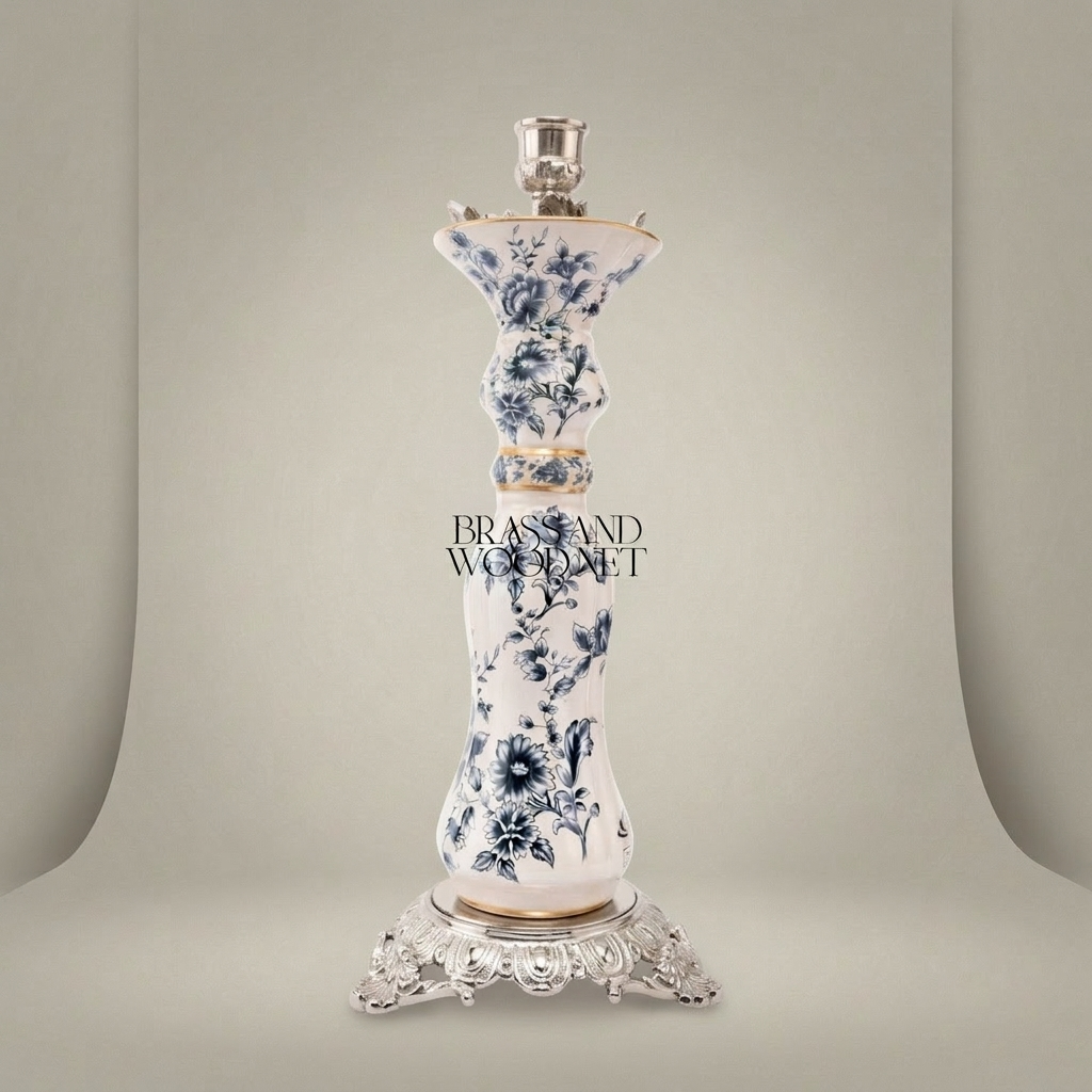 Chinoiserie Blue & White Porcelain Candle Holder with Ornate Brass Crown & Scrolled Base — Silver