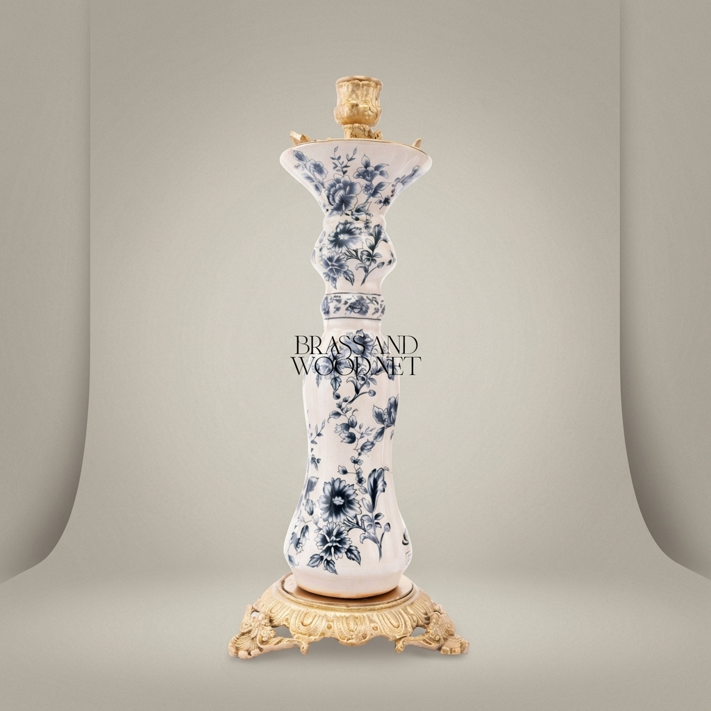 Chinoiserie Blue & White Porcelain Candle Holder with Ornate Brass Crown & Scrolled Base — Antique Gold