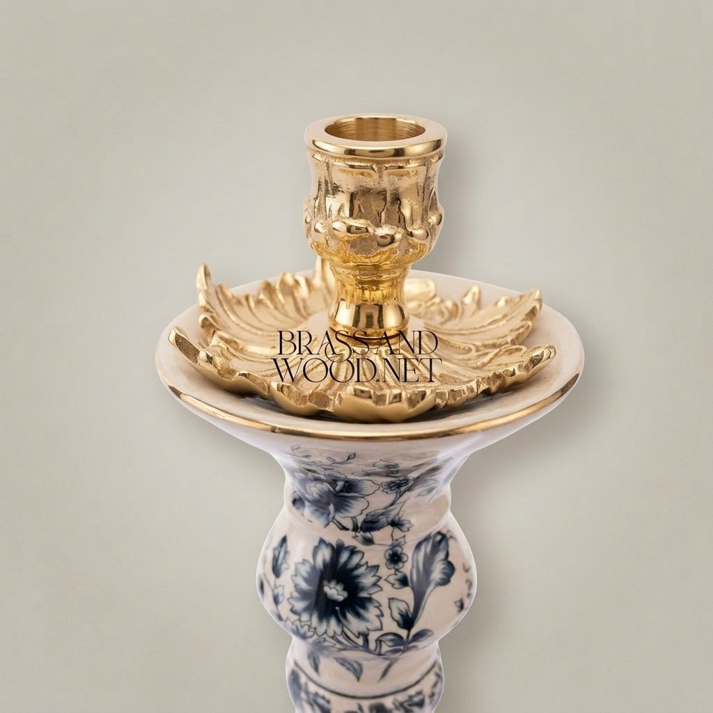 Chinoiserie Blue & White Porcelain Candle Holder with Ornate Brass Crown & Scrolled Base — Gold