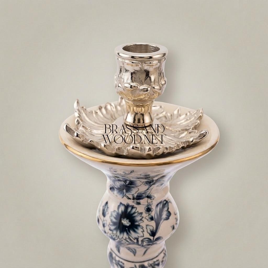Chinoiserie Blue & White Porcelain Candle Holder with Ornate Brass Crown & Scrolled Base — Silver