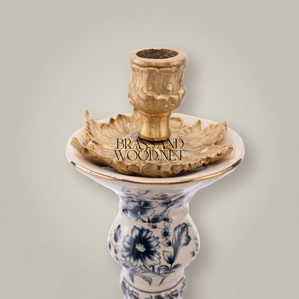 Chinoiserie Blue & White Porcelain Candle Holder with Ornate Brass Crown & Scrolled Base — Antique Gold