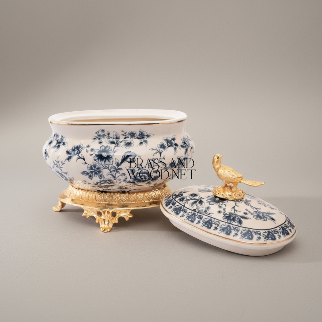 Chinoiserie Blue & White Porcelain Lidded Bonbonnière with Gilt Bird Finial — Gold