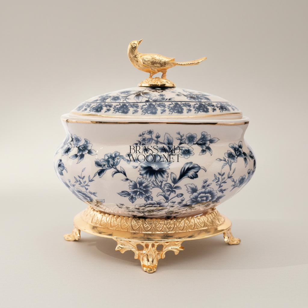 Chinoiserie Blue & White Porcelain Lidded Bonbonnière with Gilt Bird Finial — Gold