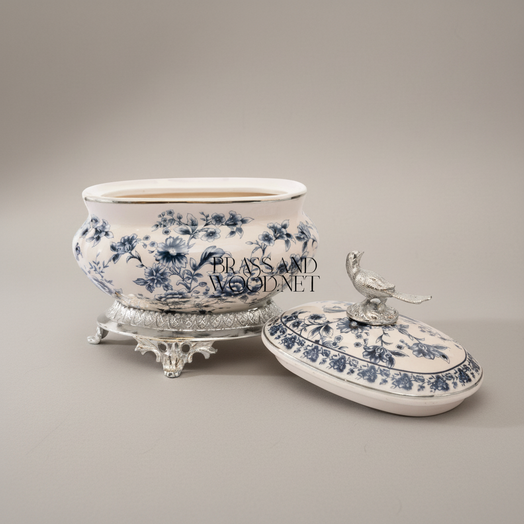 Chinoiserie Blue & White Porcelain Lidded Bonbonnière with Gilt Bird Finial — Silver