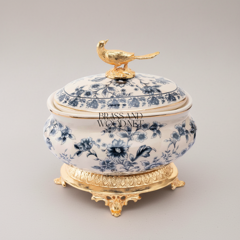 Chinoiserie Blue & White Porcelain Lidded Bonbonnière with Gilt Bird Finial — Gold