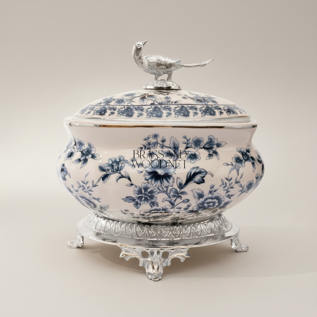 Chinoiserie Blue & White Porcelain Lidded Bonbonnière with Gilt Bird Finial — Silver