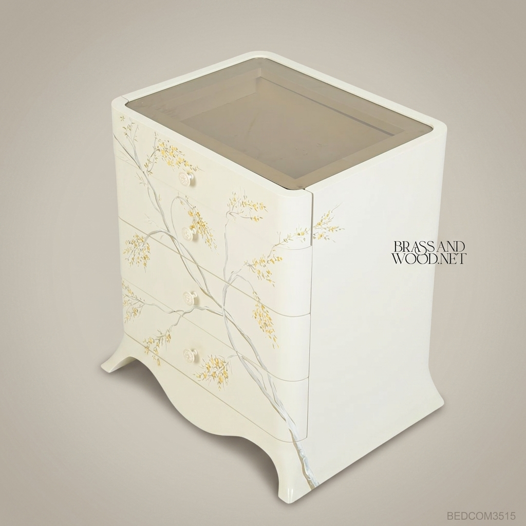 Chinoiserie Hand-Painted Solid Wood Chest of Drawers - Ivory Lacquer Blossom Motif
