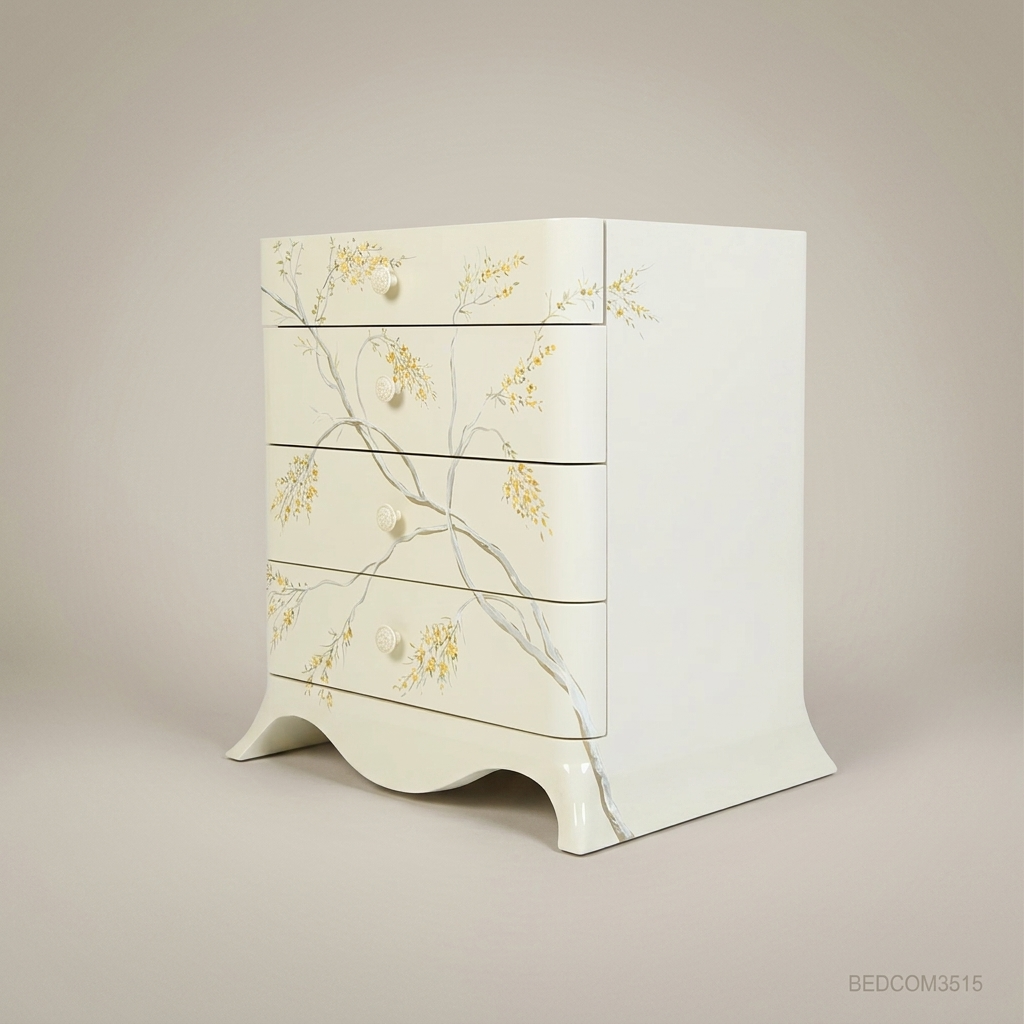 Chinoiserie Hand-Painted Solid Wood Chest of Drawers - Ivory Lacquer Blossom Motif