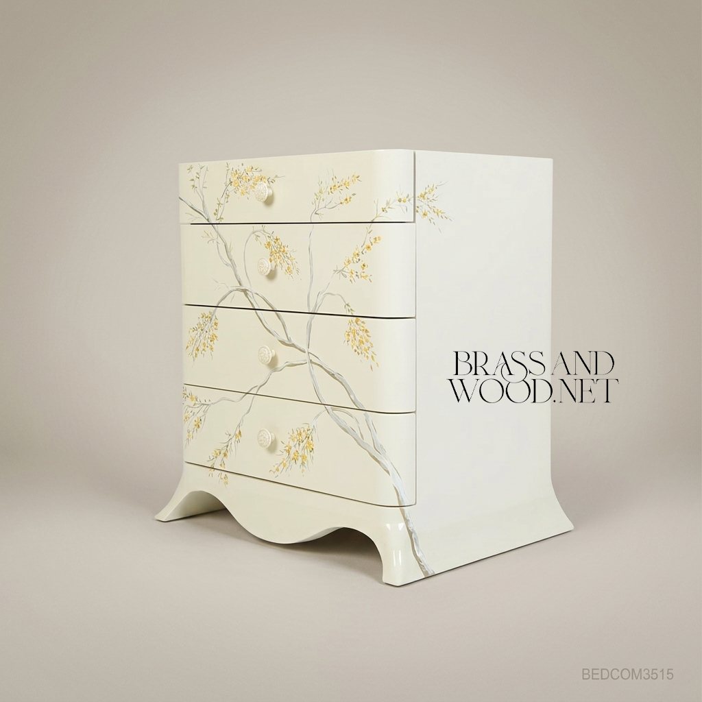 Chinoiserie Hand-Painted Solid Wood Chest of Drawers - Ivory Lacquer Blossom Motif