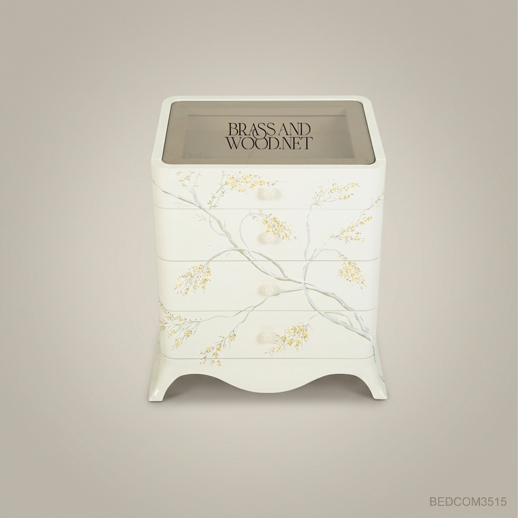 Chinoiserie Hand-Painted Solid Wood Chest of Drawers - Ivory Lacquer Blossom Motif