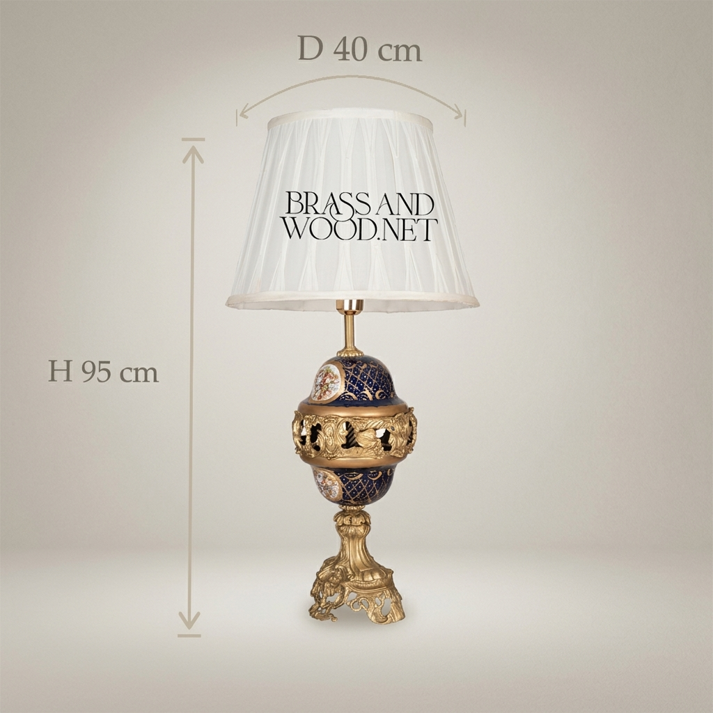 Classical Baroque Brass & Ceramic Table Lamp - Cobalt Blue Orb with Floral Medallion — Antique Gold