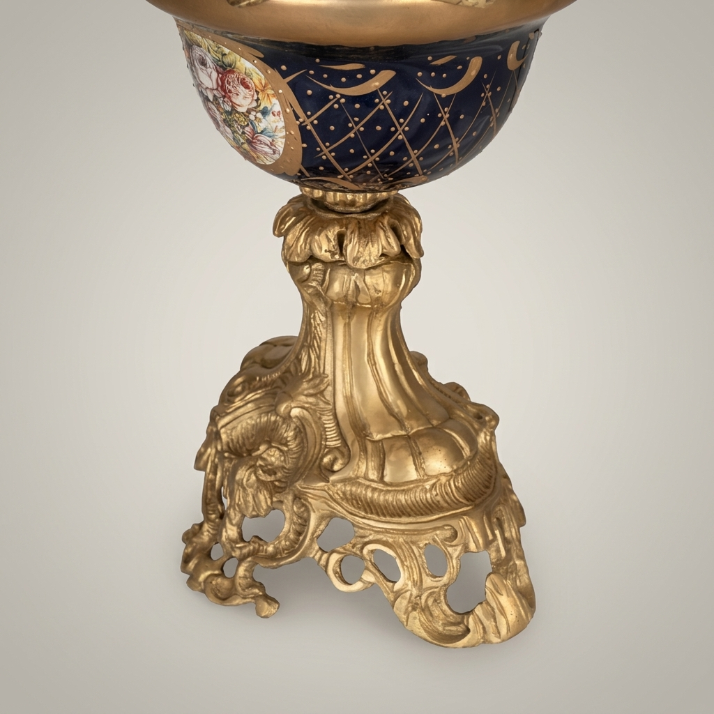 Classical Baroque Brass & Ceramic Table Lamp - Cobalt Blue Orb with Floral Medallion — Antique Gold