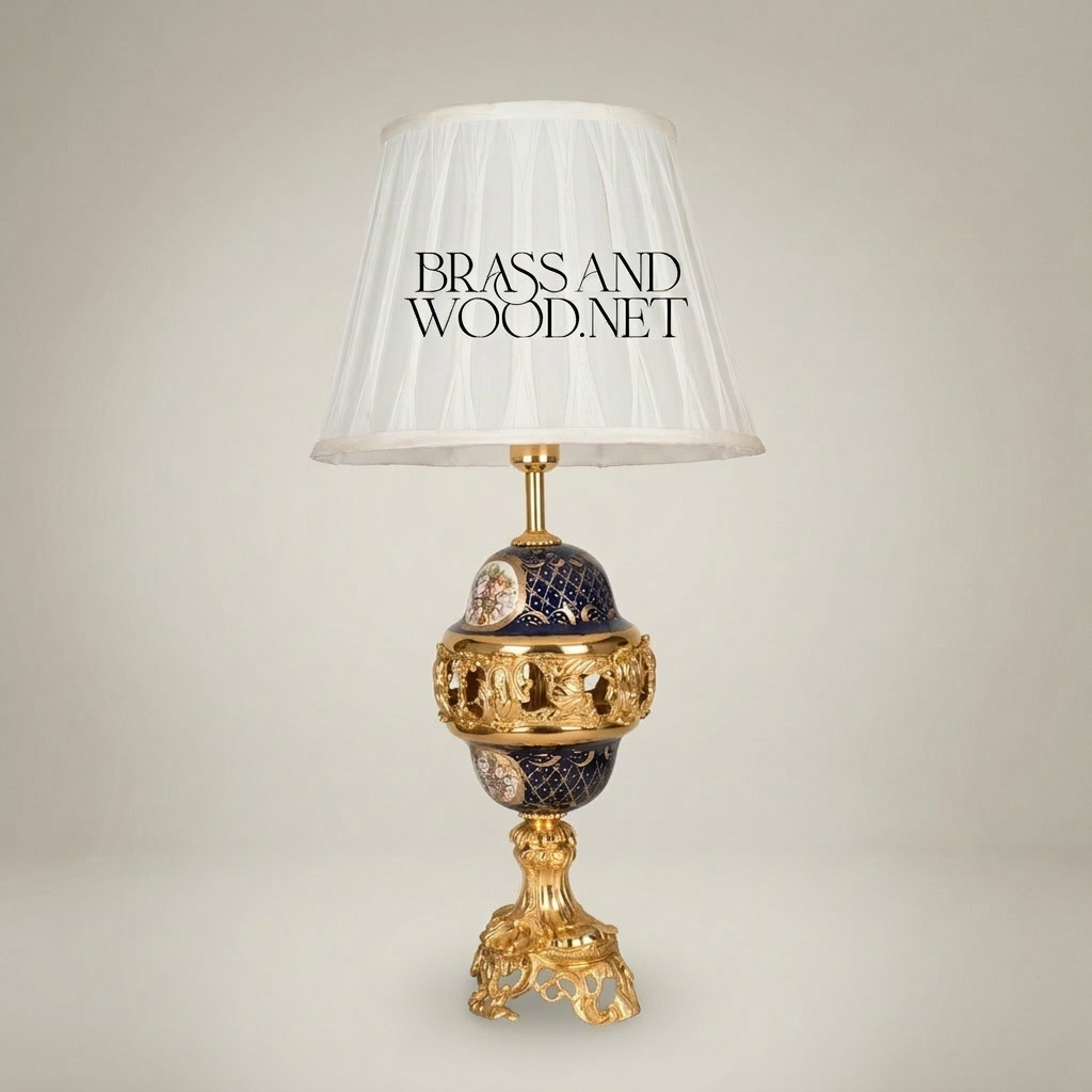 Classical Baroque Brass & Ceramic Table Lamp - Cobalt Blue Orb with Floral Medallion — Gold