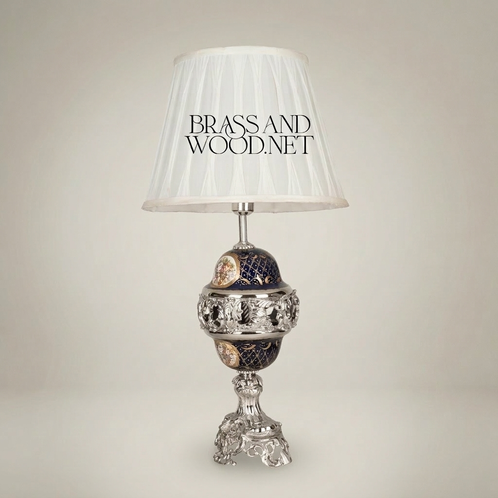 Classical Baroque Brass & Ceramic Table Lamp - Cobalt Blue Orb with Floral Medallion — Silver