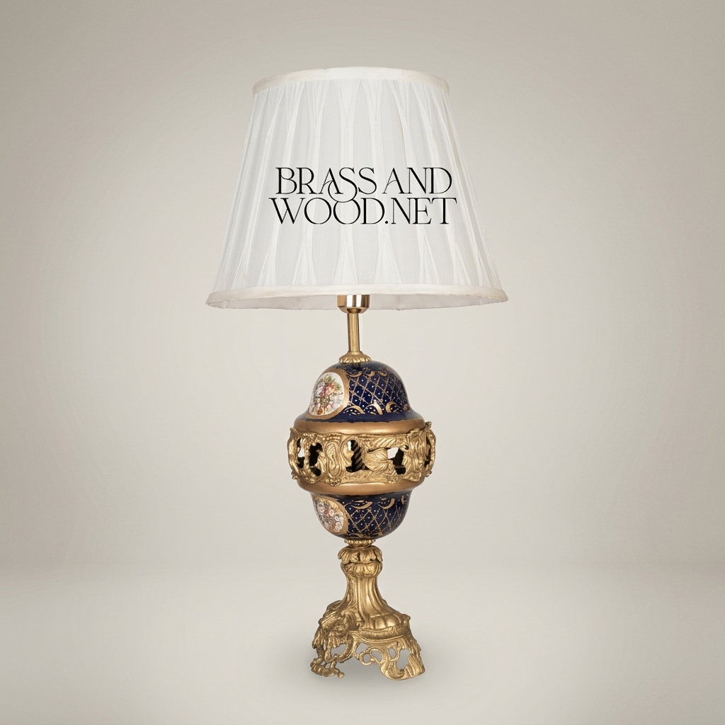 Classical Baroque Brass & Ceramic Table Lamp - Cobalt Blue Orb with Floral Medallion — Antique Gold