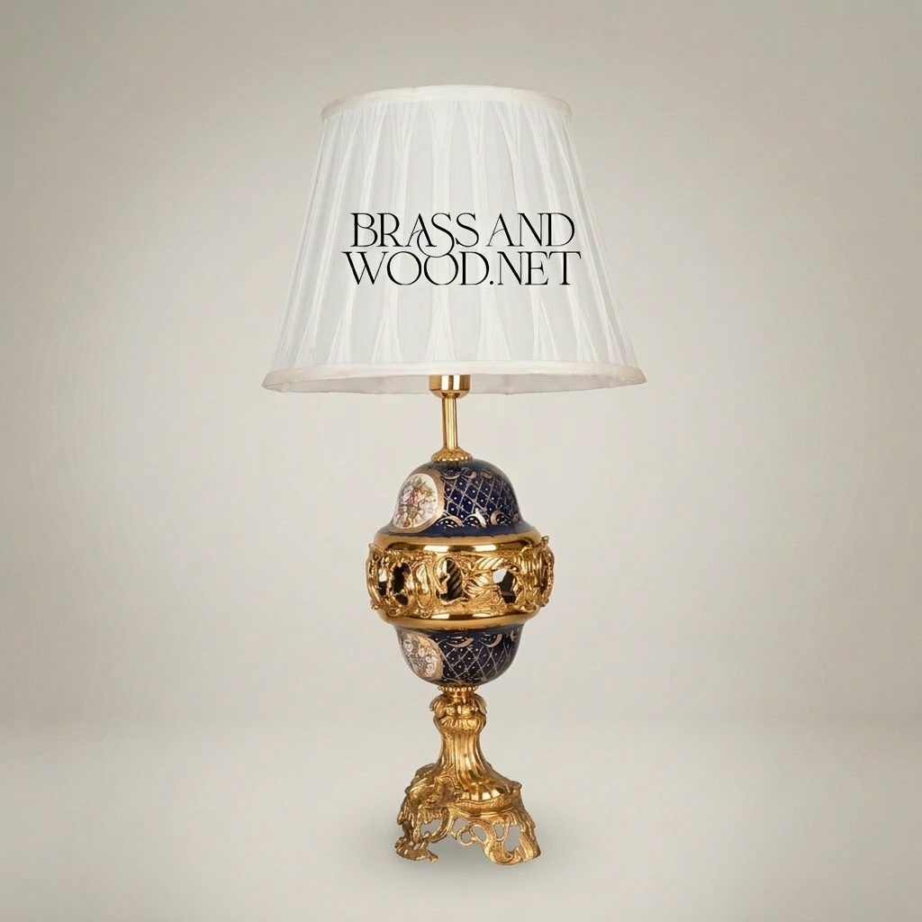Classical Baroque Brass & Ceramic Table Lamp - Cobalt Blue Orb with Floral Medallion