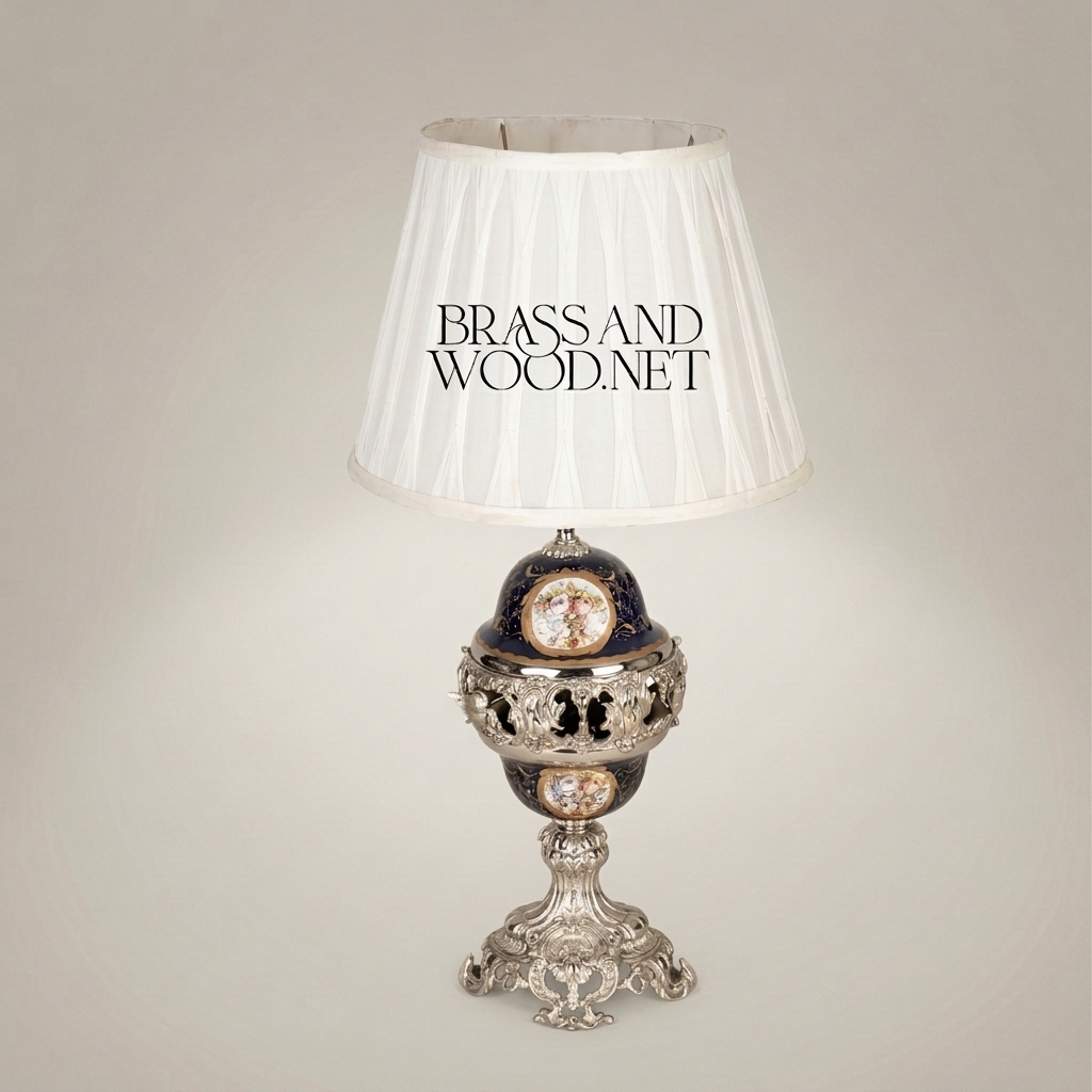 Classical Baroque Brass & Ceramic Table Lamp - Cobalt Blue Orb with Floral Medallion — Silver