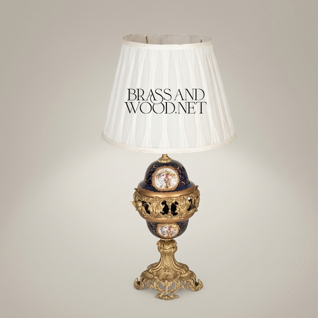 Classical Baroque Brass & Ceramic Table Lamp - Cobalt Blue Orb with Floral Medallion — Antique Gold