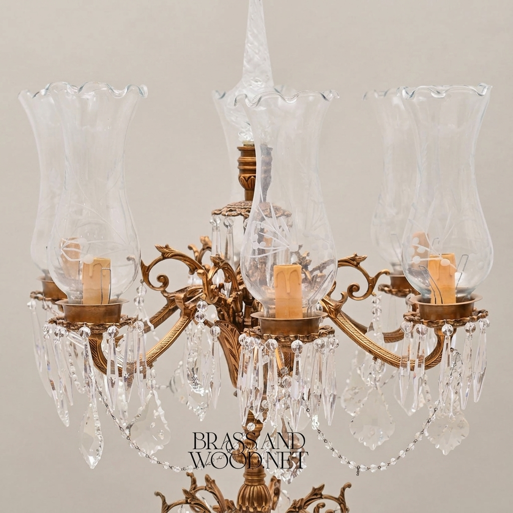 Classical Baroque Brass & Crystal 5-Arm Candelabra Table Lamp with Marble Base — Antique Gold