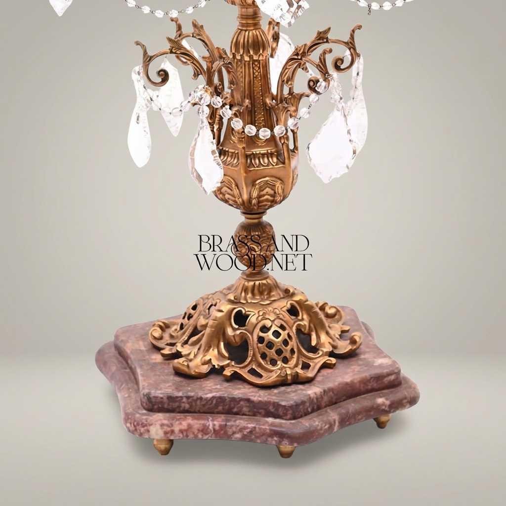 Classical Baroque Brass & Crystal 5-Arm Candelabra Table Lamp with Marble Base — Antique Gold