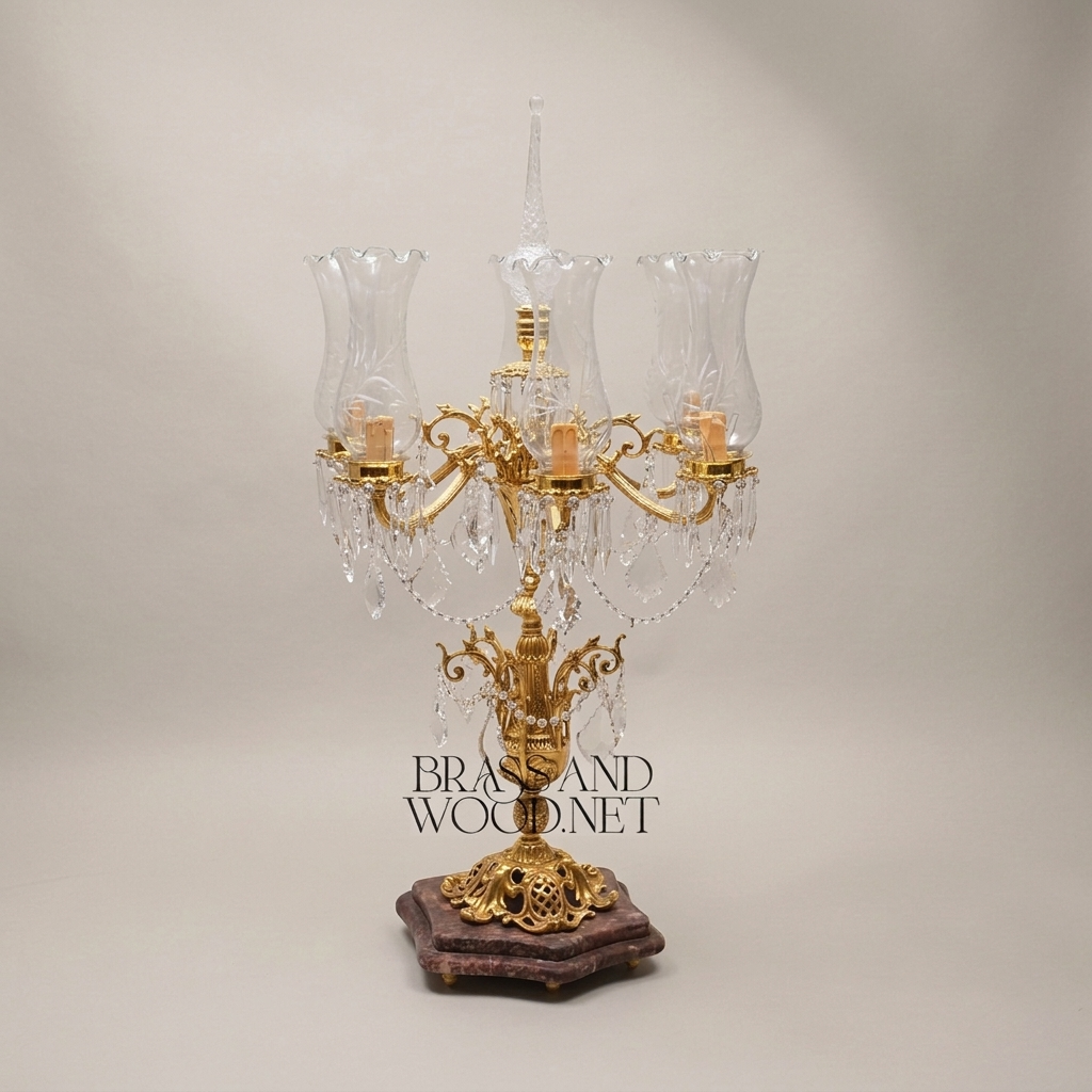 Classical Baroque Brass & Crystal 5-Arm Candelabra Table Lamp with Marble Base