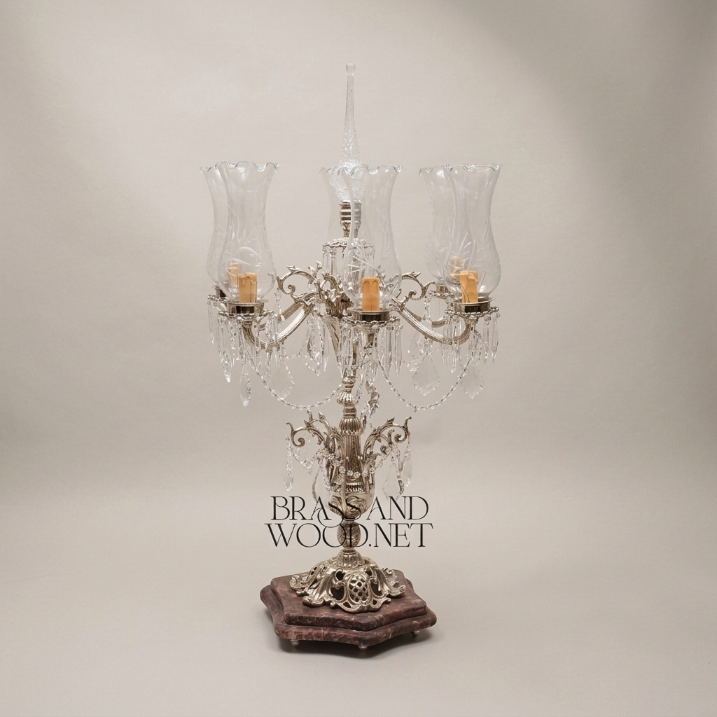 Classical Baroque Brass & Crystal 5-Arm Candelabra Table Lamp with Marble Base — Silver