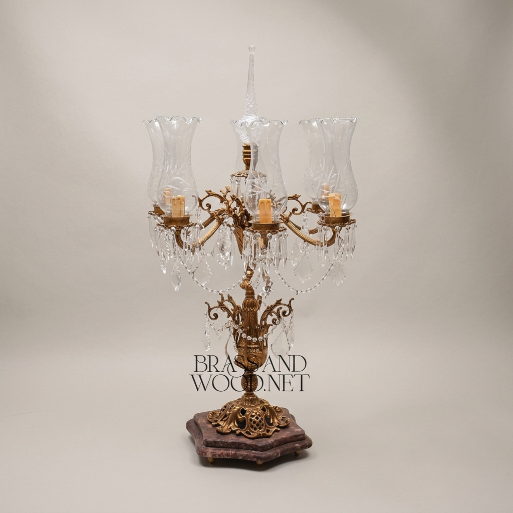Classical Baroque Brass & Crystal 5-Arm Candelabra Table Lamp with Marble Base — Antique Gold