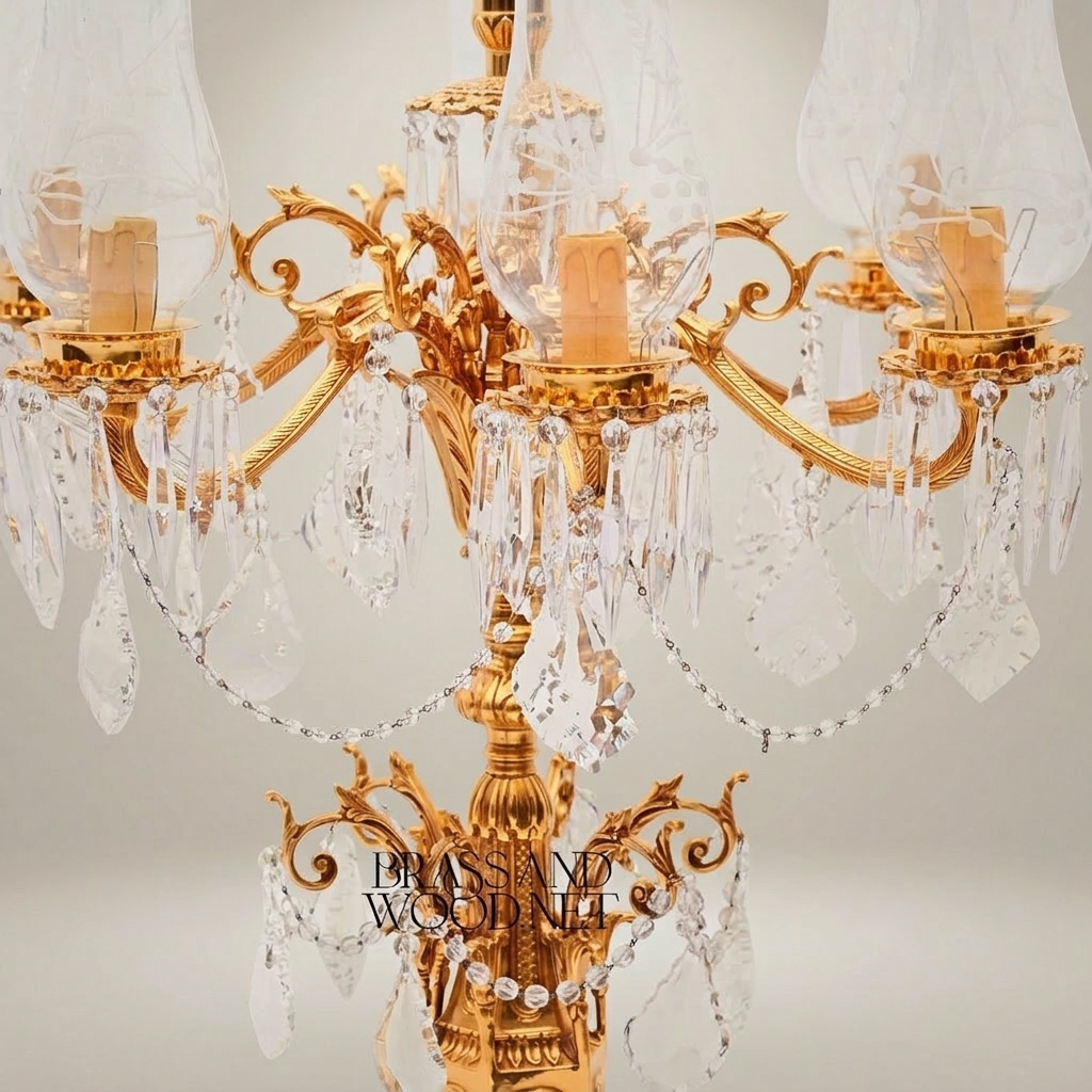 Classical Baroque Brass & Crystal 5-Arm Candelabra Table Lamp with Marble Base