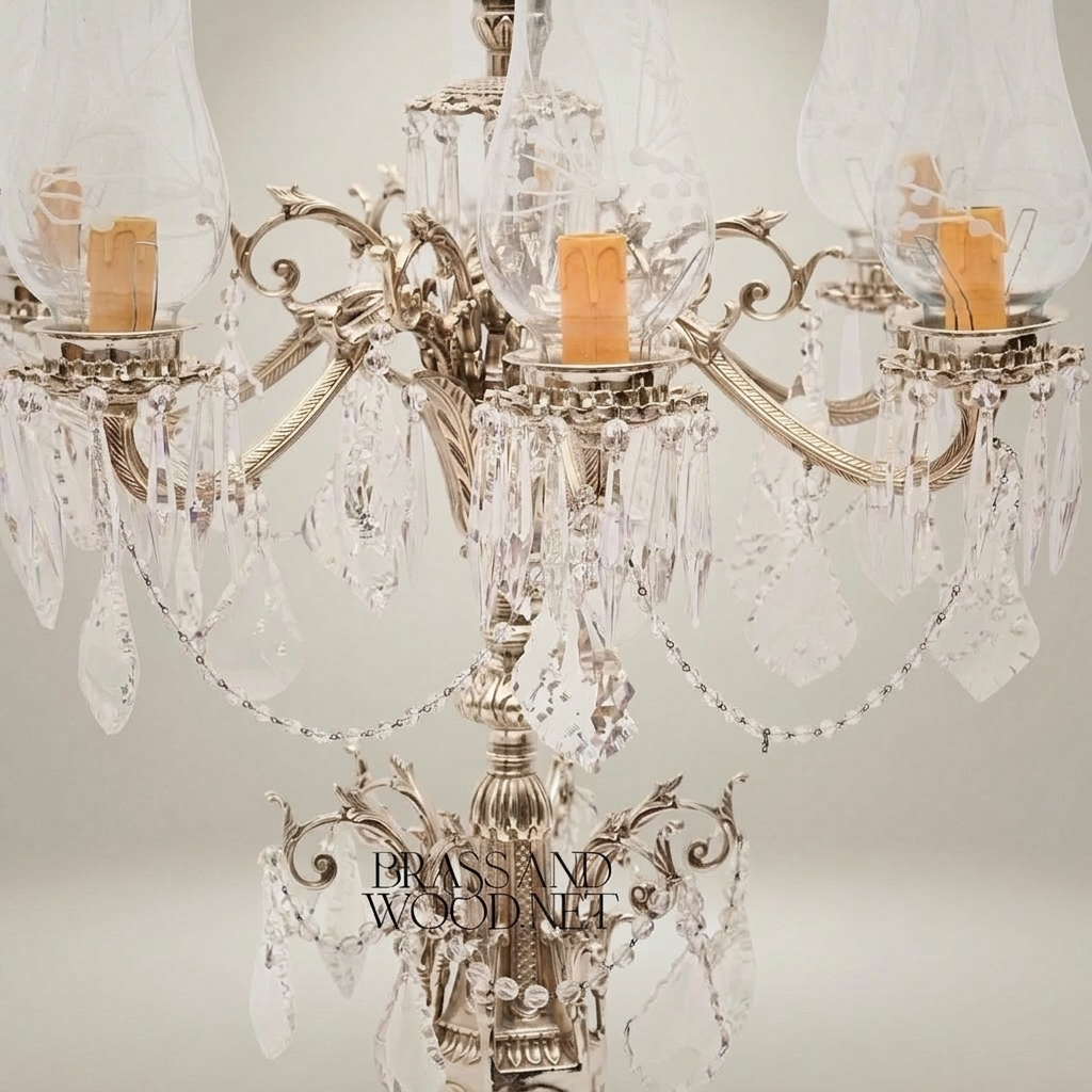 Classical Baroque Brass & Crystal 5-Arm Candelabra Table Lamp with Marble Base — Silver