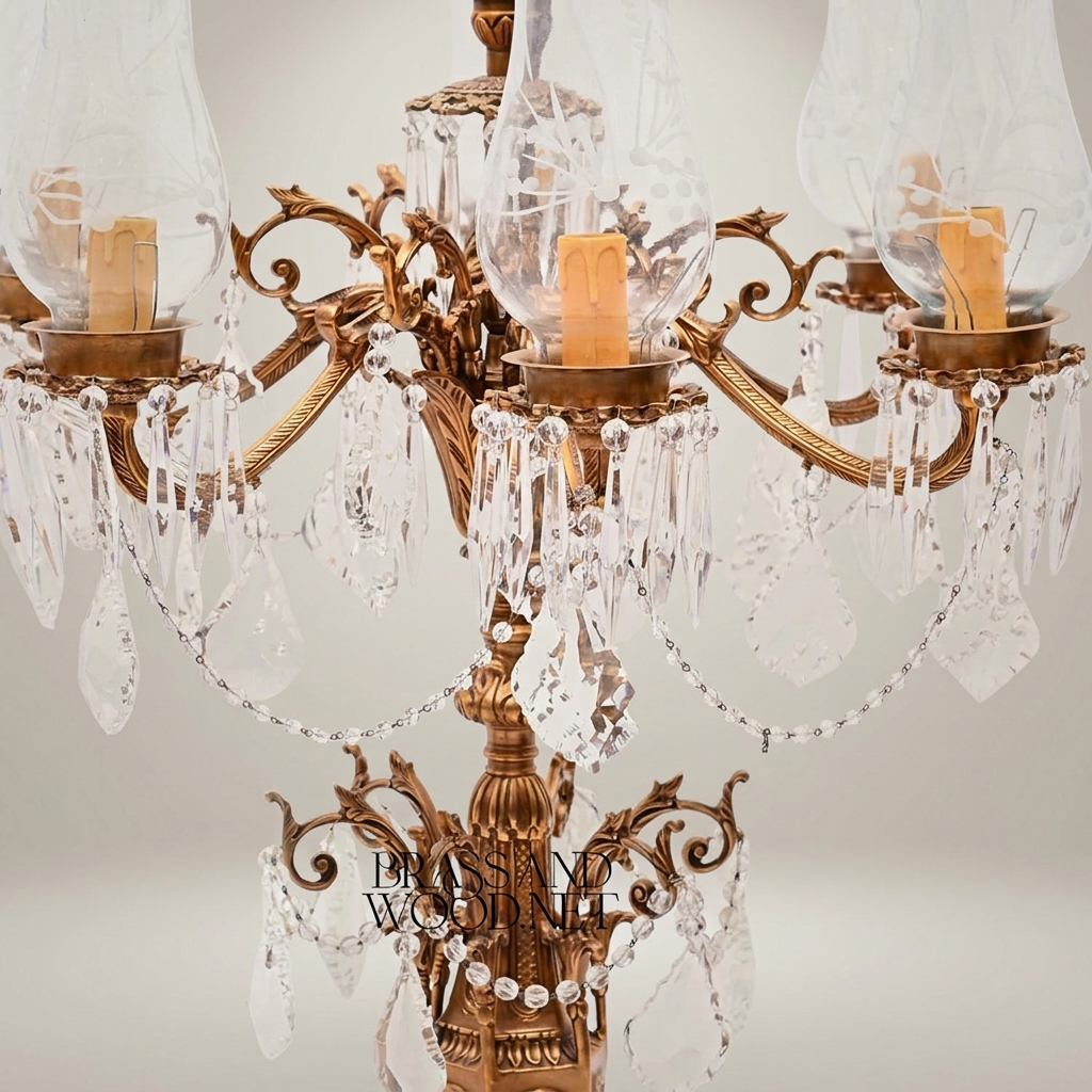 Classical Baroque Brass & Crystal 5-Arm Candelabra Table Lamp with Marble Base — Antique Gold