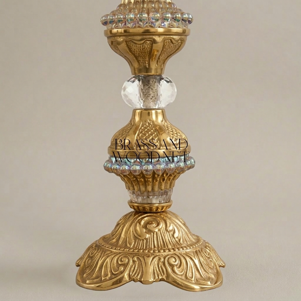 Classical Baroque Brass & Crystal Table Lamp - Ornate Carved Pedestal — Gold