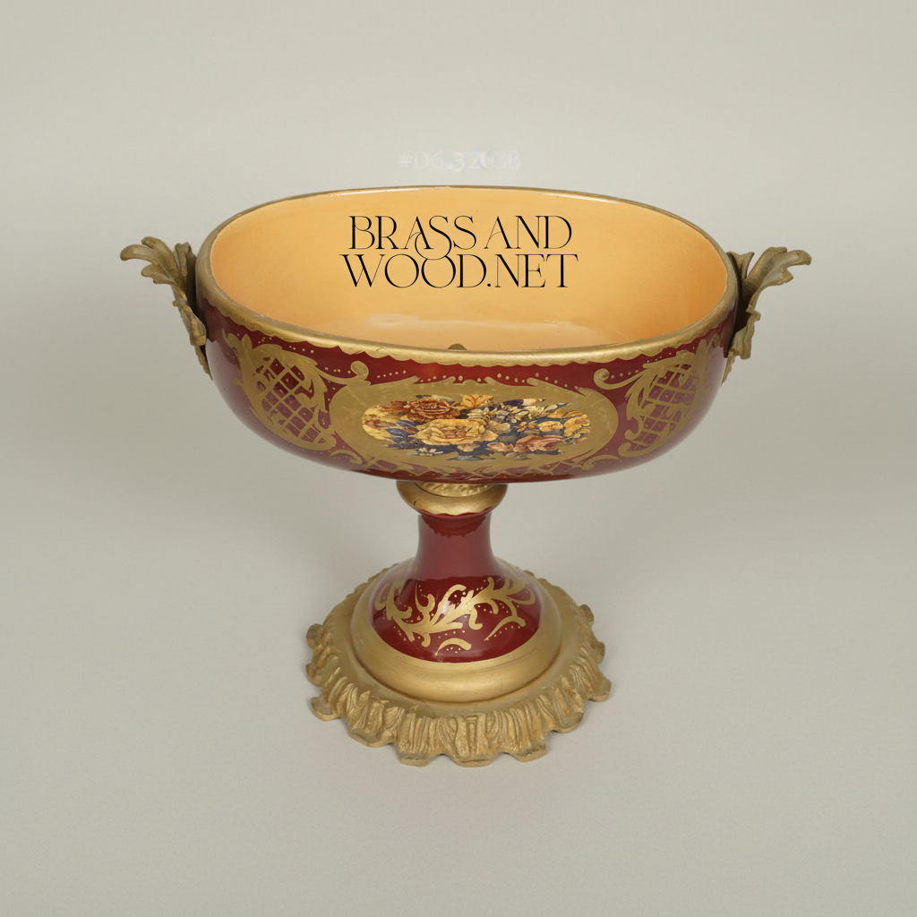 Classical Baroque Ceramic Compote Bowl with Hand-Painted Floral Medallions — Antique Gold