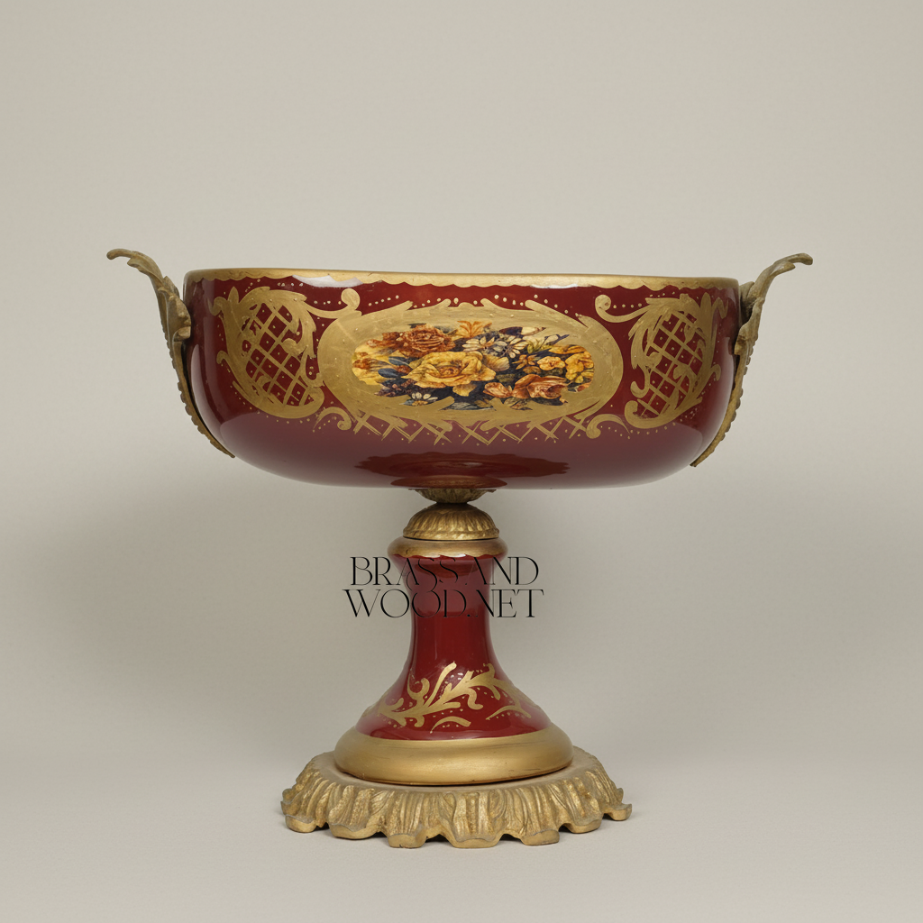 Classical Baroque Ceramic Compote Bowl with Hand-Painted Floral Medallions — Antique Gold