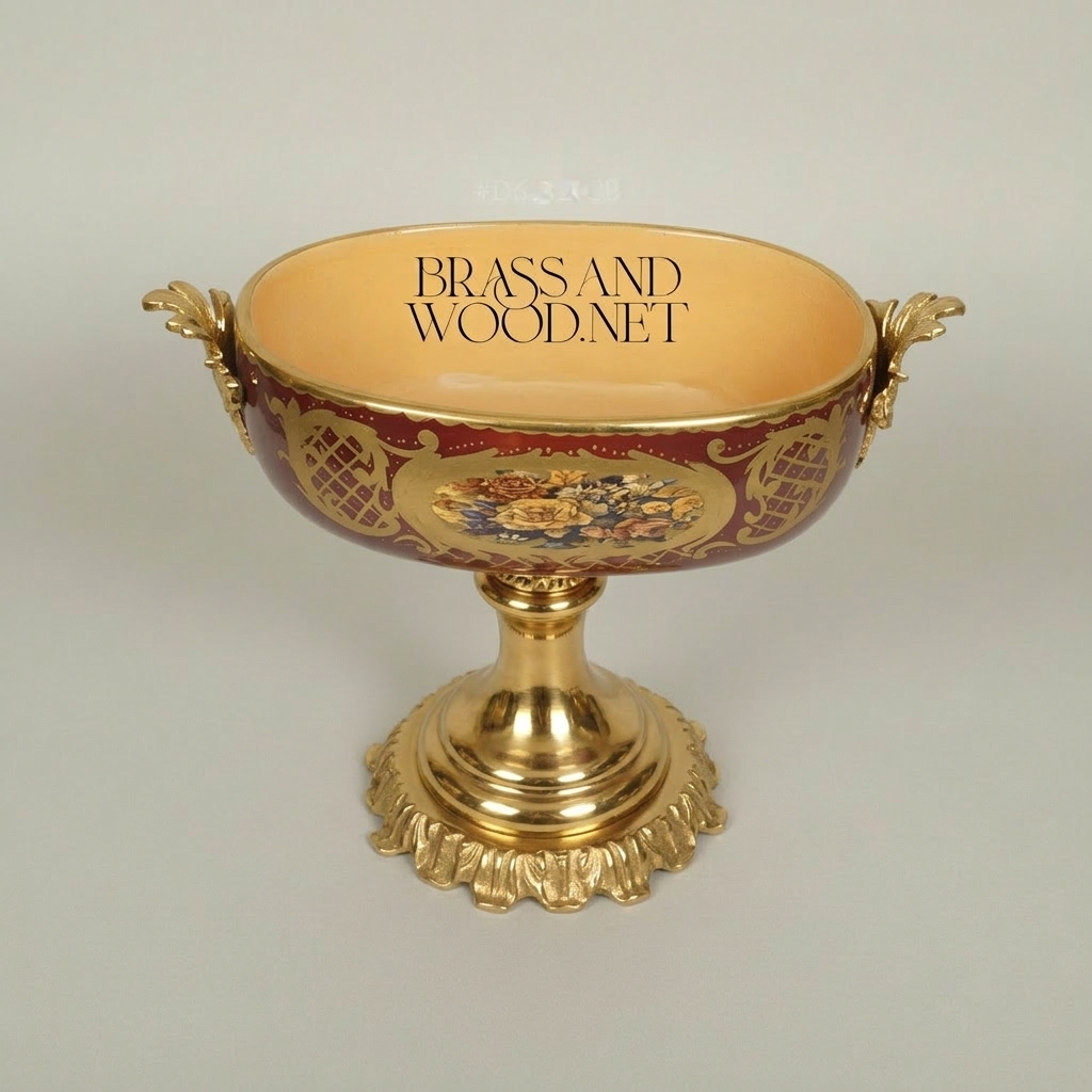 Classical Baroque Ceramic Compote Bowl with Hand-Painted Floral Medallions — Gold