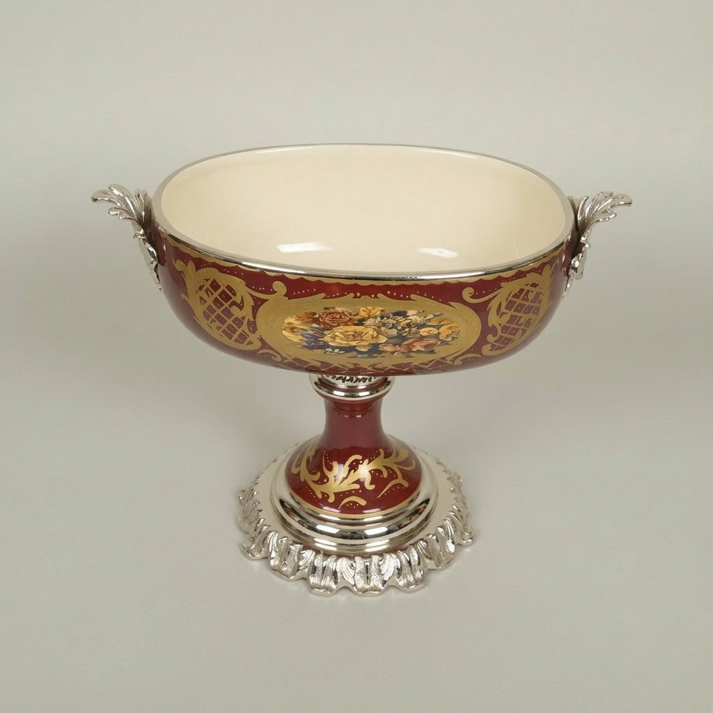 Classical Baroque Ceramic Compote Bowl with Hand-Painted Floral Medallions — Silver