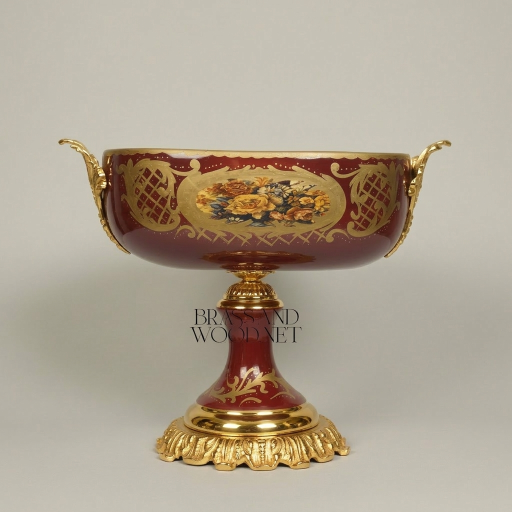 Classical Baroque Ceramic Compote Bowl with Hand-Painted Floral Medallions — Gold