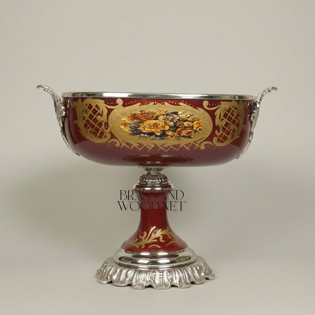Classical Baroque Ceramic Compote Bowl with Hand-Painted Floral Medallions — Silver