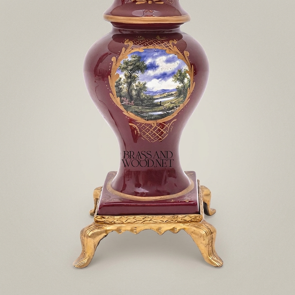 Classical Baroque Ceramic Table Lamp - Hand-Painted Medallion & Ornate Brass Base — Antique Gold