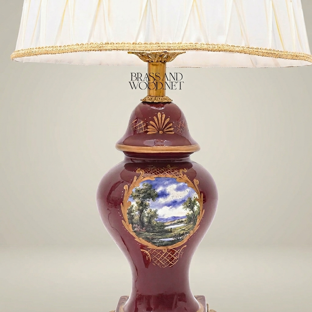 Classical Baroque Ceramic Table Lamp - Hand-Painted Medallion & Ornate Brass Base — Antique Gold