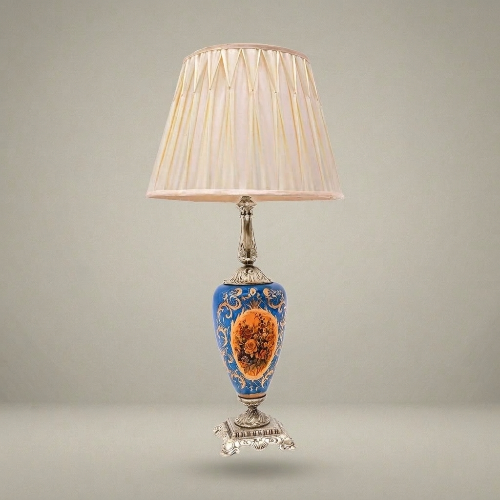 Classical Baroque Ceramic Table Lamp - Hand-Painted Floral Urn Base — Silver