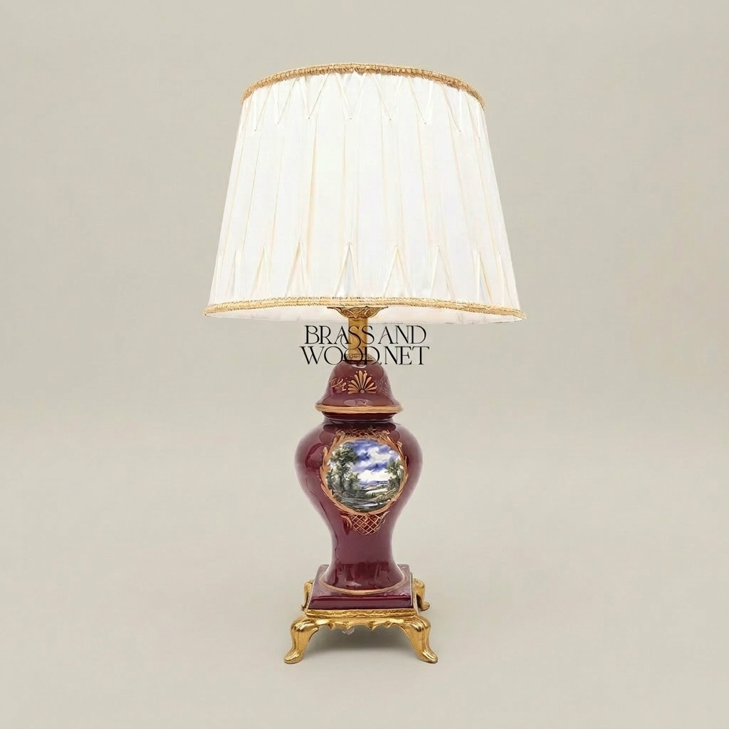 Classical Baroque Ceramic Table Lamp - Hand-Painted Medallion & Ornate Brass Base