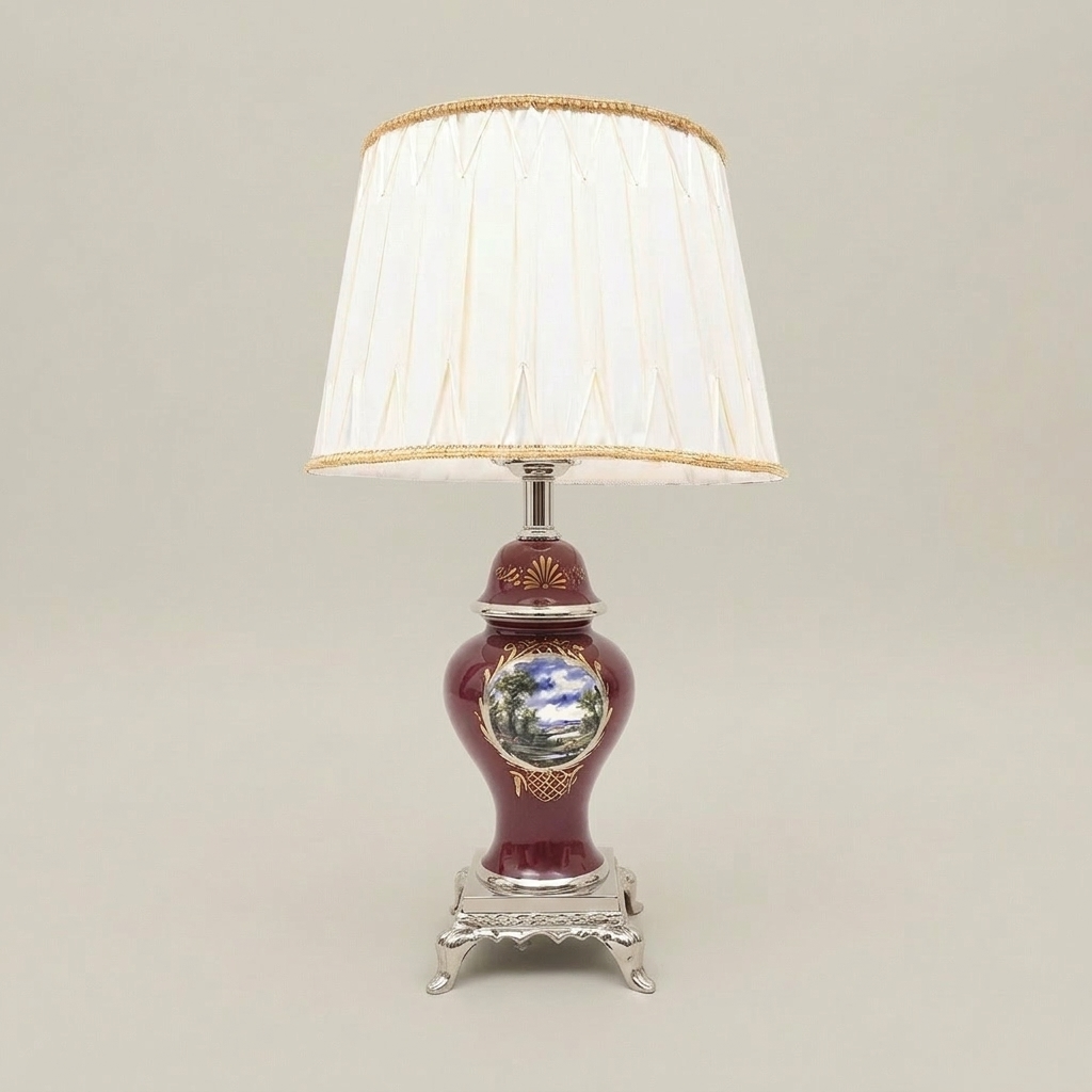 Classical Baroque Ceramic Table Lamp - Hand-Painted Medallion & Ornate Brass Base — Silver