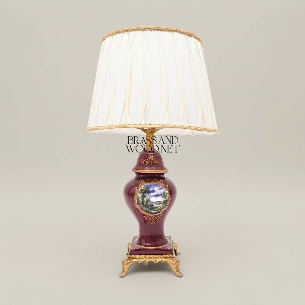 Classical Baroque Ceramic Table Lamp - Hand-Painted Medallion & Ornate Brass Base — Antique Gold
