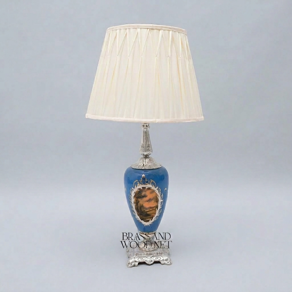 Classical Baroque Ceramic Table Lamp - Hand-Painted Floral Urn Base — Silver