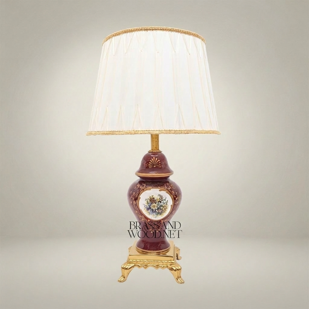 Classical Baroque Ceramic Table Lamp - Hand-Painted Medallion & Ornate Brass Base